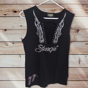 Biker Wear 77th Anniversary Sturgis Pink Silver Rhinestone black tank 2XL women
